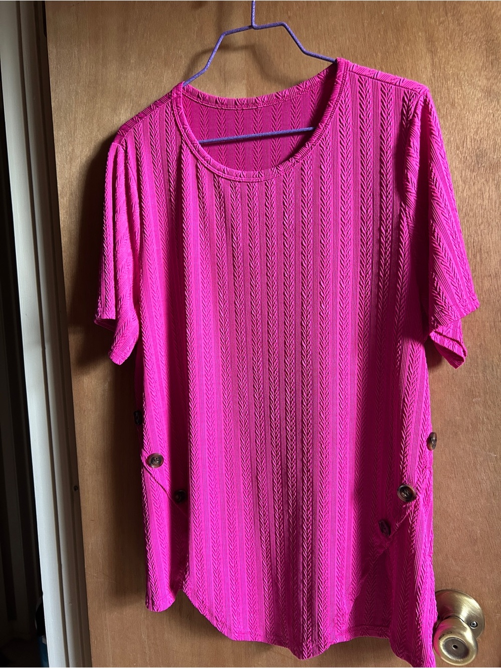 Textured Scoop Neck Short Sleeve Top in Hot Pink with Side Button Accents